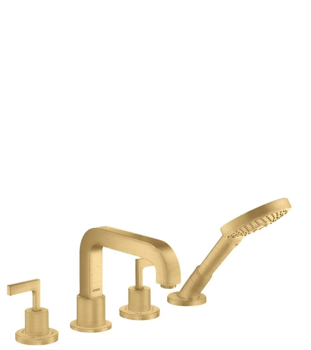 Wannenrandarmatur in gebürstetem Gold von AXOR, bestehend aus drei separaten Komponenten: Wasserhahn und zwei Hebelgriffen, sowie einer Handbrause.